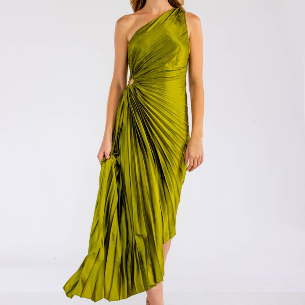 Olive one shoulder silky pleated dress - Elegant and luxury party dress - Picture 3 of 6